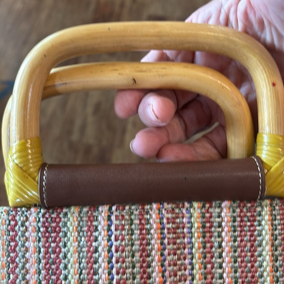 Fossil Handcrafted Bag 14”L 11”H Wood Handles & Shoulder Strap Weave Multicolor - Picture 13 of 13